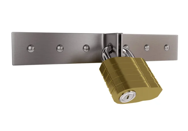 Gold padlock on the metal door isolated on white background. 3d — Stockfoto