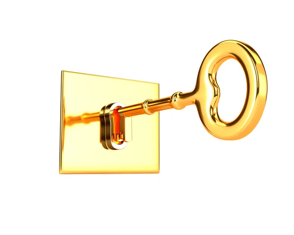 Золотой ключ в отверстии замка изолирован на белом фоне. 3D-иллюстрация — стоковое фото