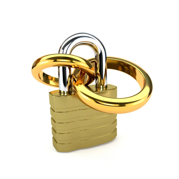 Golden wedding rings chained padlock isolated on white backgroun — Zdjęcie stockowe