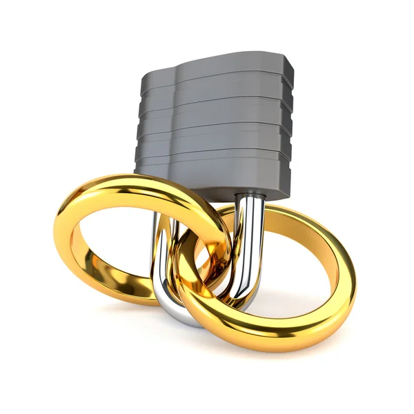 Golden wedding rings chained padlock isolated on white backgroun — Stockfoto