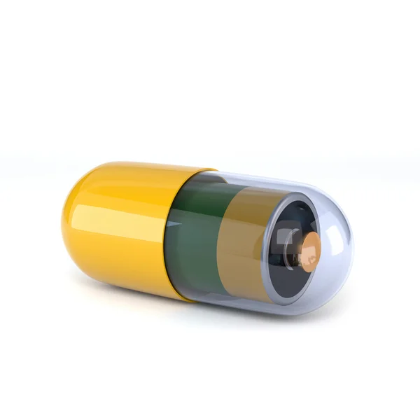 Yellow capsule with electric battery inside, isolated on white b — Zdjęcie stockowe