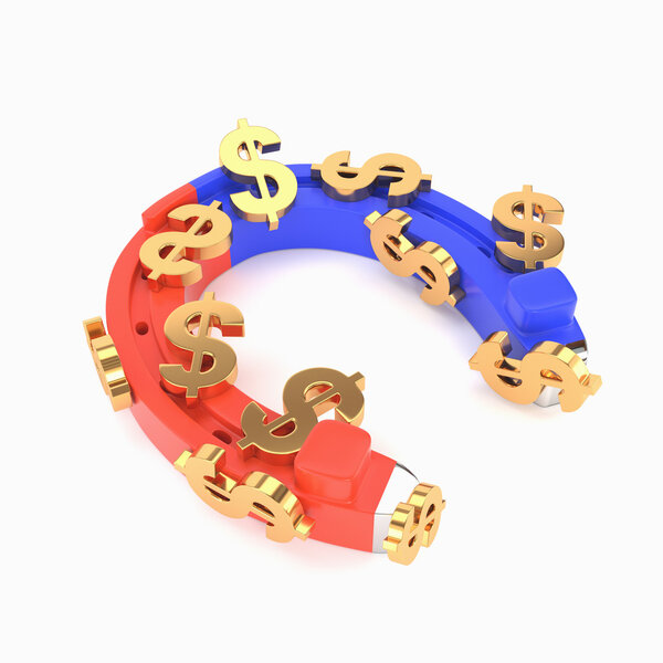 Horseshoe magnet and dollars isolated on white background