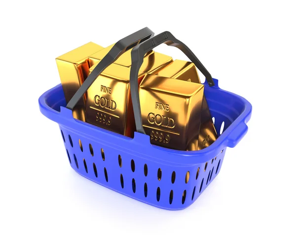 Plastic basket and gold bullion isolated on a white background. Stock Picture