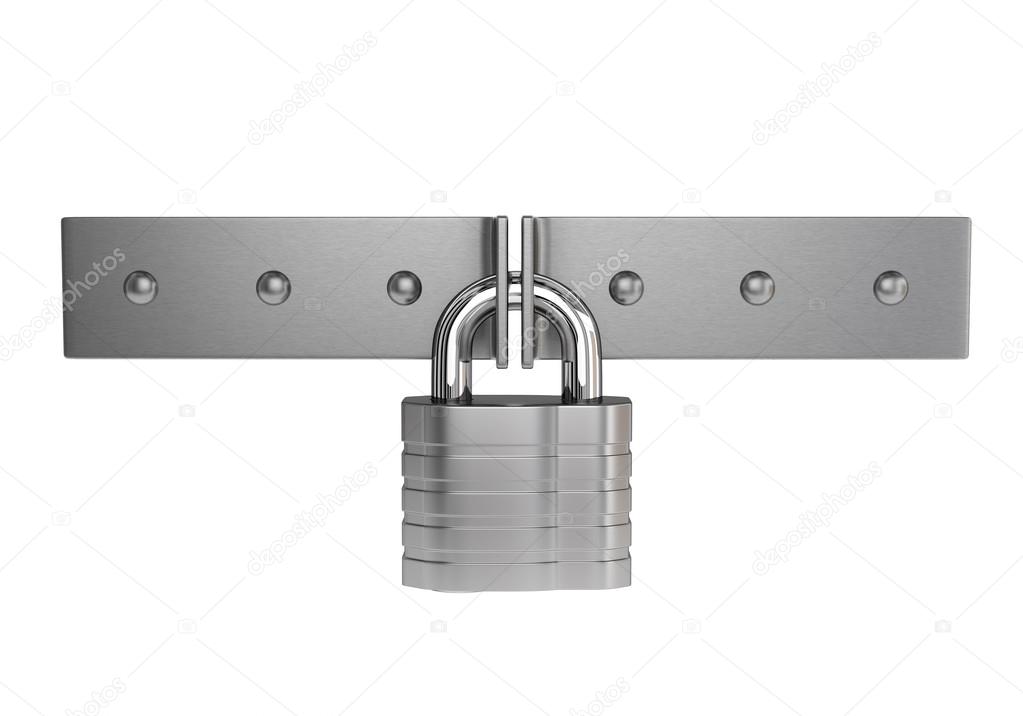 Chrome padlock on the metal door isolated on white background. 3