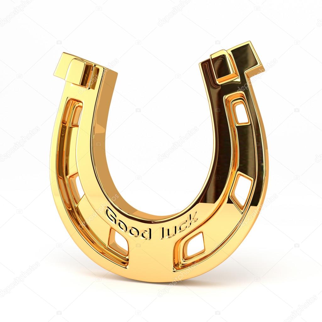 Gold horseshoe isolated on white background. Good luck! 3d illus