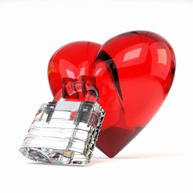 Red three-dimensional heart with crystal padlock isolated on whi