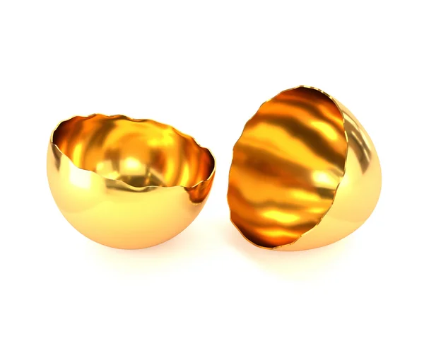 Cáscara de huevo agrietada dorada aislada sobre fondo blanco. El cóncavo — Foto de Stock