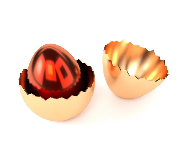 Huevo rojo dorado en la cáscara de huevo aislado sobre fondo blanco. 3d — Foto de Stock
