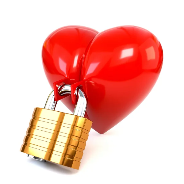 Red heart with padlock isolated on white background. 3d illustra — Stockfoto