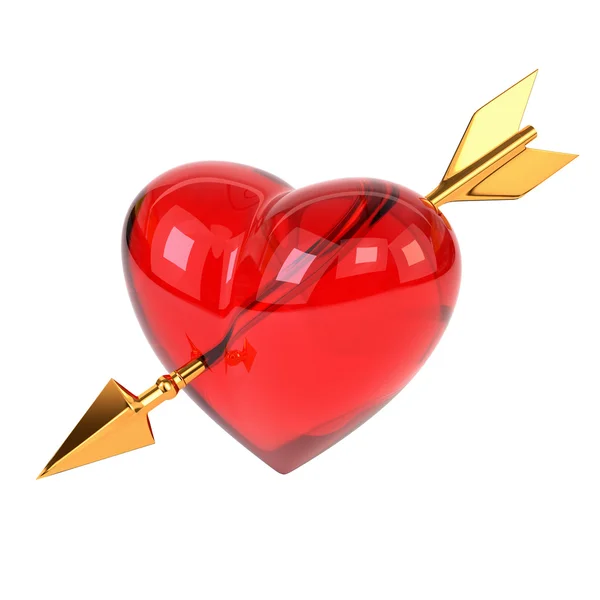 Corazón rojo atravesado por una flecha dorada aislada sobre fondo blanco —  Fotos de Stock