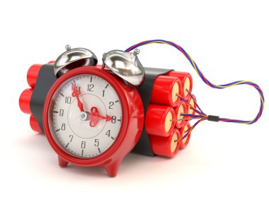 Bundle of dynamite and clocks isolated on white background. 3d i