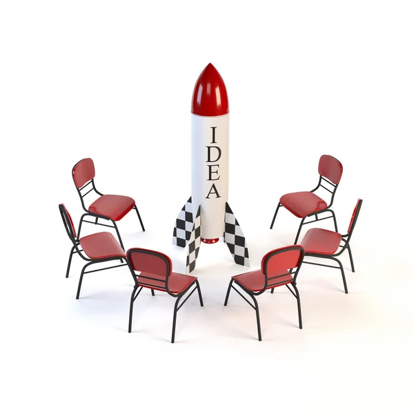 Conjunto de sillas rojas y un cohete aislado sobre fondo blanco. T — Foto de Stock