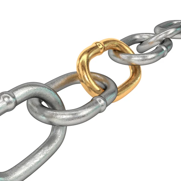 Chain with golden link, isolated on white background. 3d illustr — Stockfoto