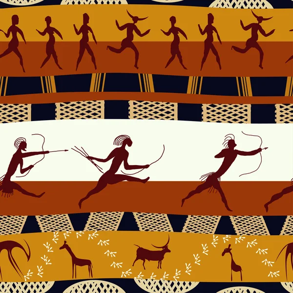 Бесшовная африканская текстура с фигурами примитивных людей и — стоковый вектор