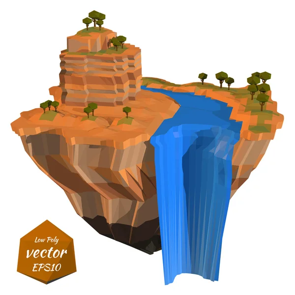 Abstracte drijvende eiland met een rots waterval. Lage poly stijl. — Stockvector