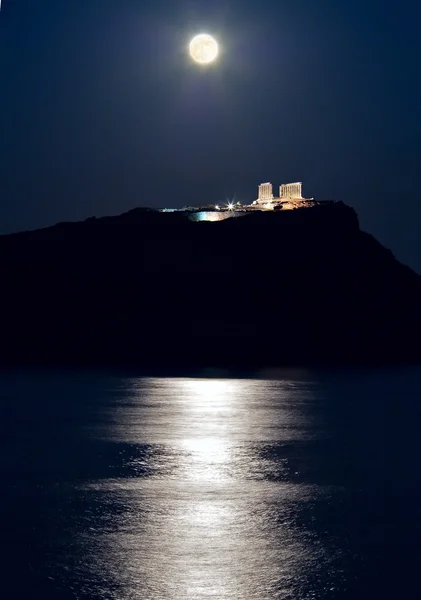 Σούνιο, το ναό του Ποσειδώνα, ΑΤΤΙΚΗ, Ελλάδα, φως του φεγγαριού Φωτογραφία Αρχείου