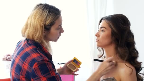 Jovem bela mulher aplicando maquiagem por artista de maquiagem — Vídeo de Stock