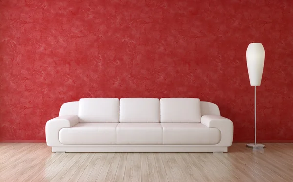 Sofá blanco en una habitación interior con pared de estuco rojo — Foto de Stock