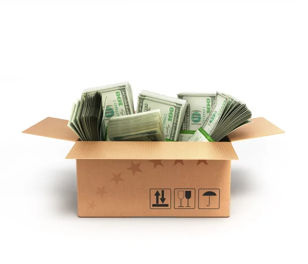 Paquetes de dólares en una caja aislada en blanco —  Fotos de Stock