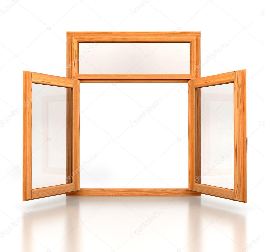 Open wooden double window opened isolated on white background