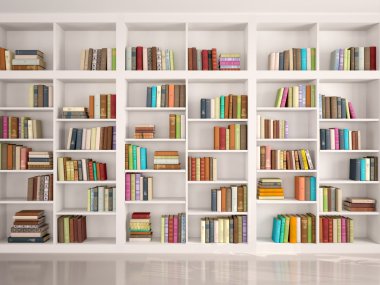 3d illustration of White bookshelves with various colorful books clipart