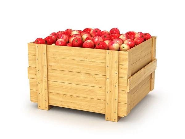 Wooden box full of fresh apples isolated on a white background — Stock Photo, Image