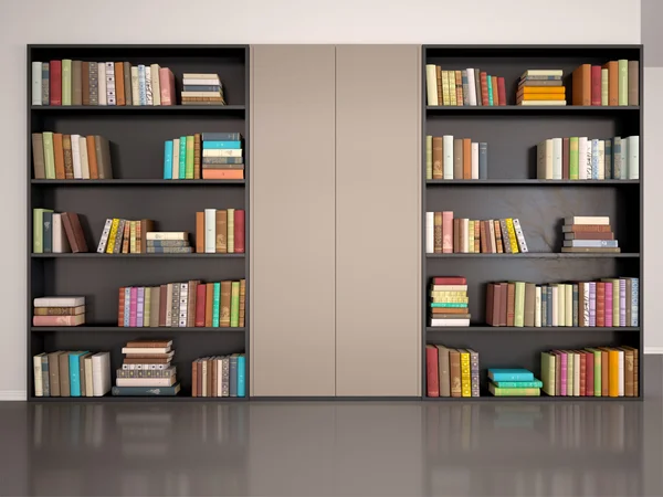 3d illustration of gray wall with bookcase — Stock Photo, Image