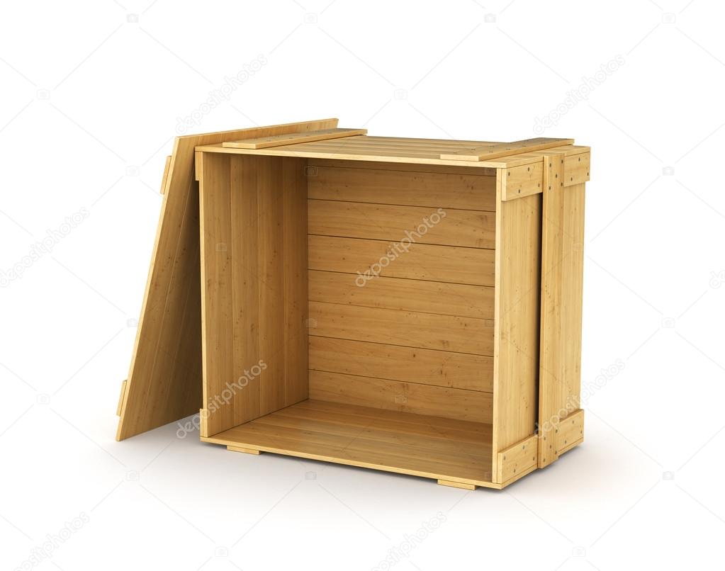 empty wooden box with the lid open on a white background stock