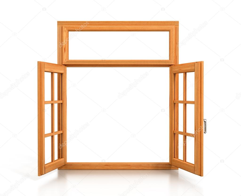 Wooden double window opened isolated on white background