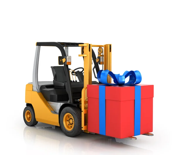 Forklift with gift box on a white background. — Stock Photo, Image