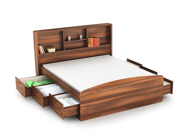 Dřevěná postel s otevřenou zásuvkou — Stock fotografie