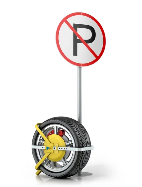 Yellow clip wheels with road sign on a white background. — Stock Photo, Image