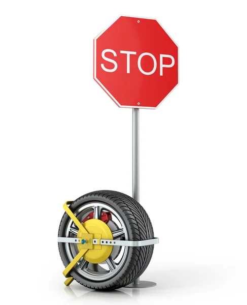 Yellow clip wheels with road sign on a white background. — Stock Photo, Image