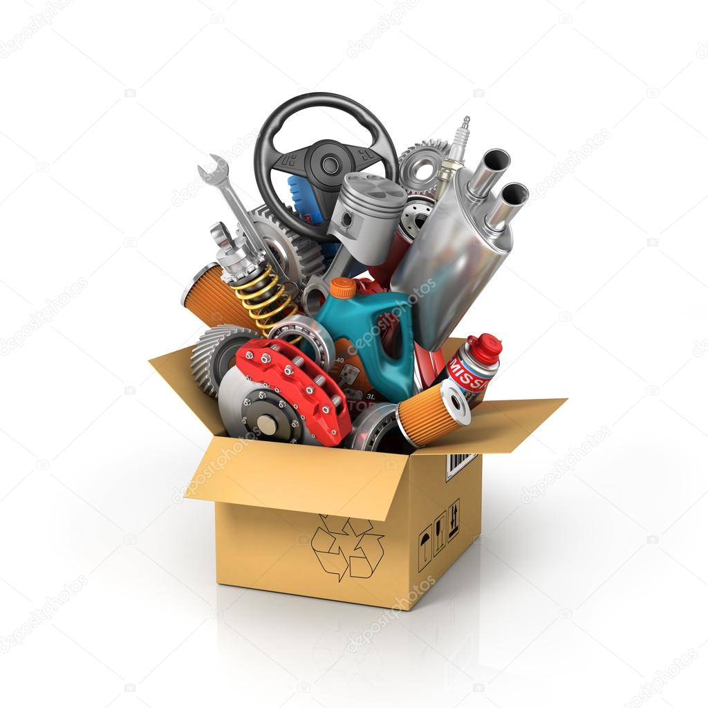 Auto parts in the card box. Automotive basket shop. Auto parts s — Stock  Photo © urfingus #101790878