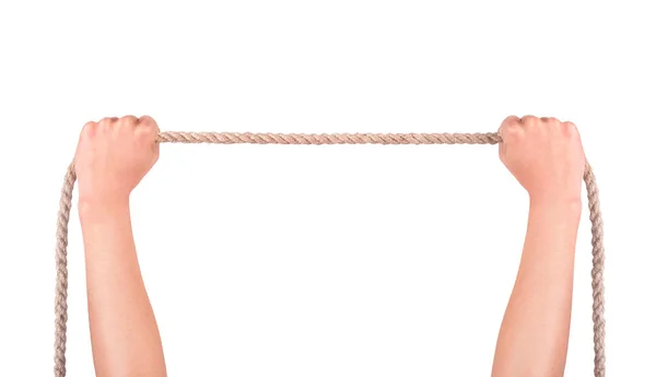 Close up de mãos puxando uma corda no fundo branco com clippi — Fotografia de Stock