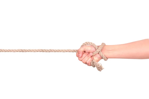 Close up of hand pulling a rope on white background with clippin — Stock Photo, Image