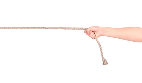 Primer plano de las manos tirando de una cuerda sobre fondo blanco con clippi — Foto de Stock