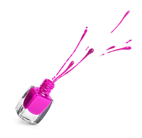 Purple  nail polish bottle with splash isolated on white — Stock Photo, Image