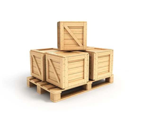 Scatole di legno poste su un pallet isolato su bianco — Foto Stock