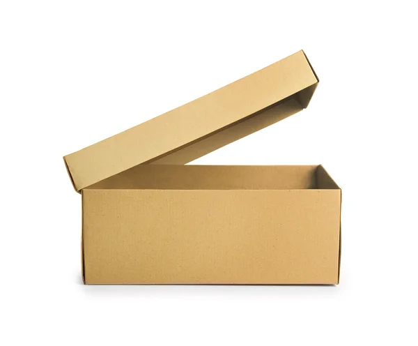 Kartonnen doos. Vooraanzicht. Met schaduwen en geïsoleerde op wit. — Stockfoto