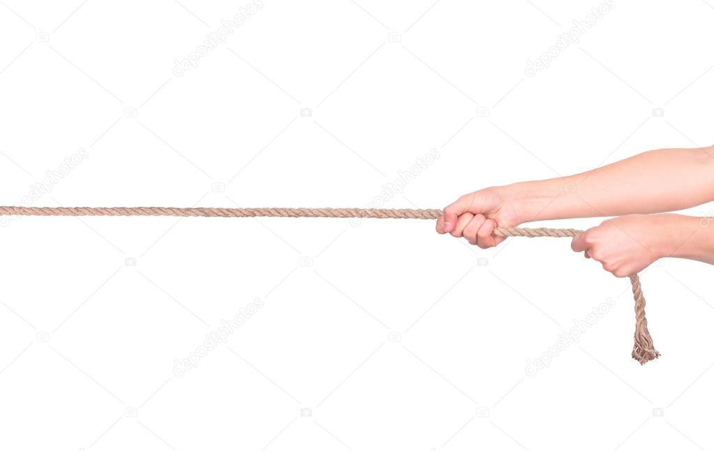 close up of hands pulling a rope on white background with clippi
