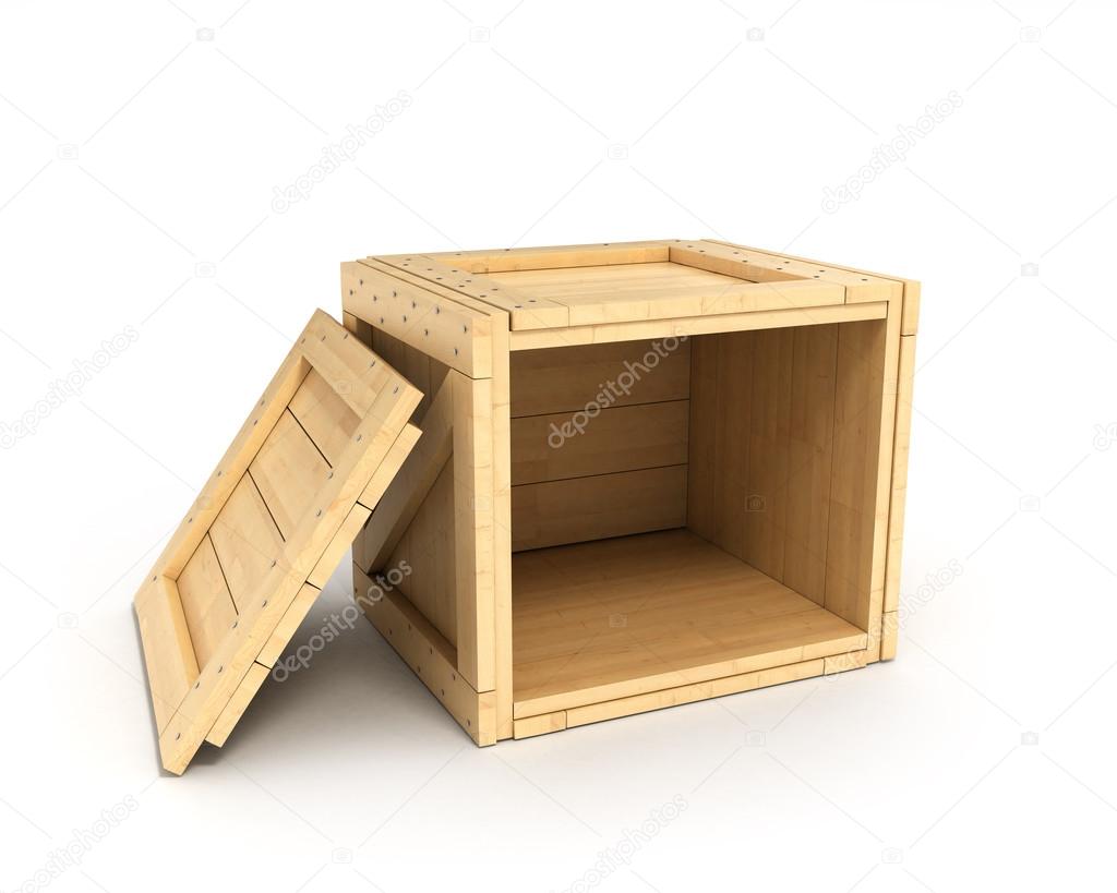 open wooden box lying on its side isolated on white background
