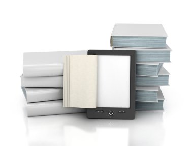 Beyaz bir arka plan üzerinde kitap yığını ile E-kitap okuyucu.