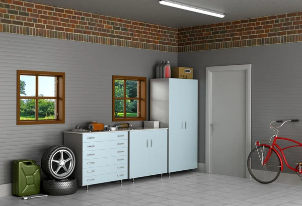 Interiör förorts garaget med bildelar. — Stockfoto