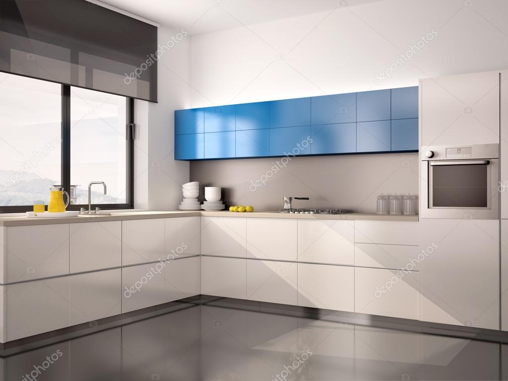 Ilustra O 3d Do Interior Da Cozinha Moderna Em Azul Branca Cinza Ilustra O 3d Do Interior Da Cozinha Moderna Em Azul Branca Cinza