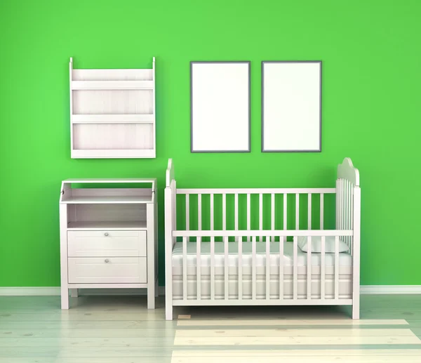 Houten babybed op de kamer tegen de muur — Stockfoto