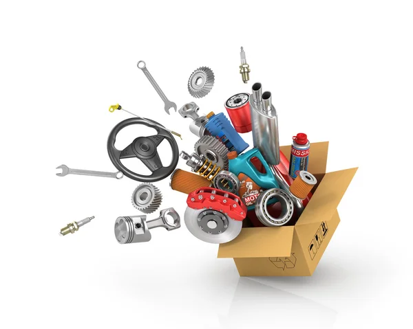 Auto parts in the card box. Automotive basket shop. Auto parts s — Stock Photo, Image