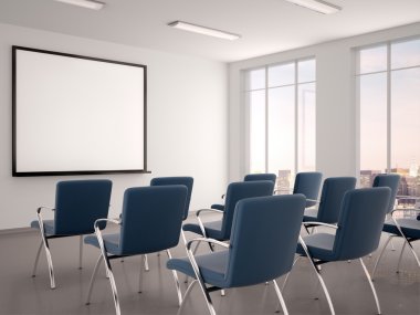 bir beyaz tahta boş konferans salonu s 3D çizimi