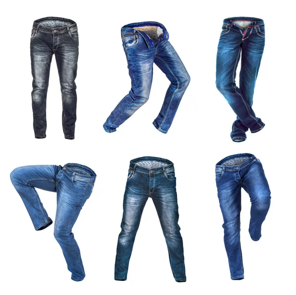 Coleção de jeans de corrida em fundo branco isolado — Fotografia de Stock