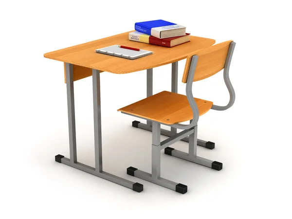 Iskola asztal és szék, halom könyv és copybook a penci — Stock Fotó
